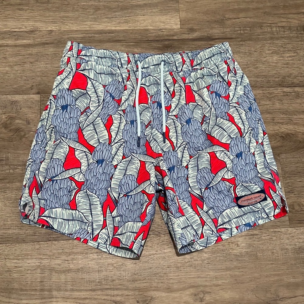 Vineyard Vines Mens Chappy Trunks Tropical Leaf Swim Shorts Red Blue XS 1M001124